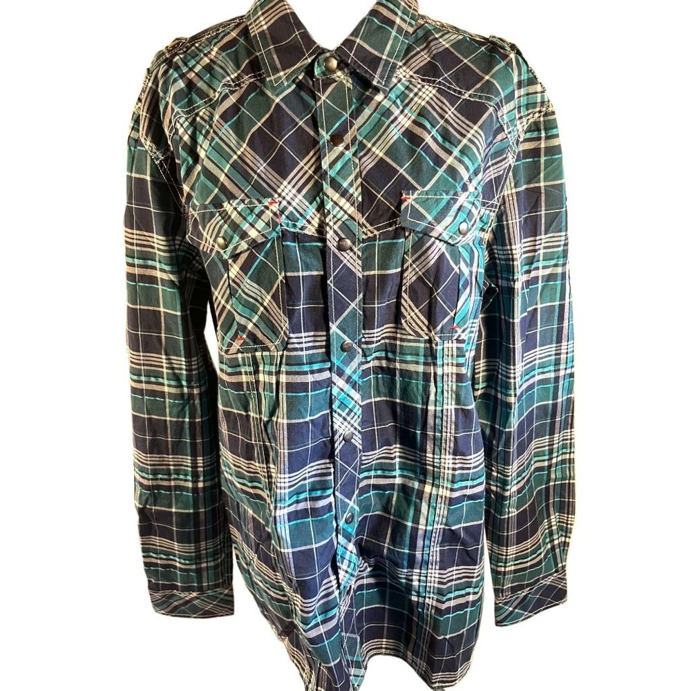 No Retreat Shirt Womens Size Large Blue Green Flannel Plaid
